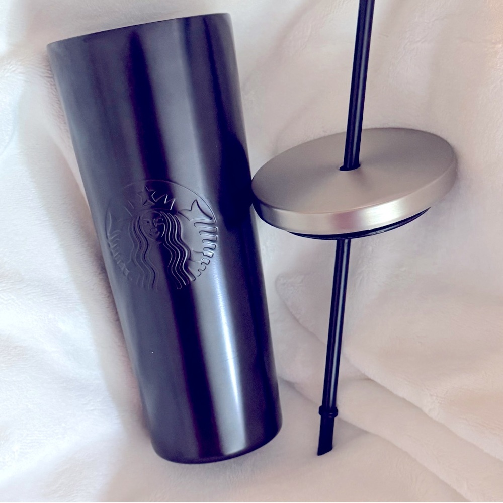 Starbucks 24 oz Venti Mermaid Stainless Steel Matte Black Tumbler Lid Straw